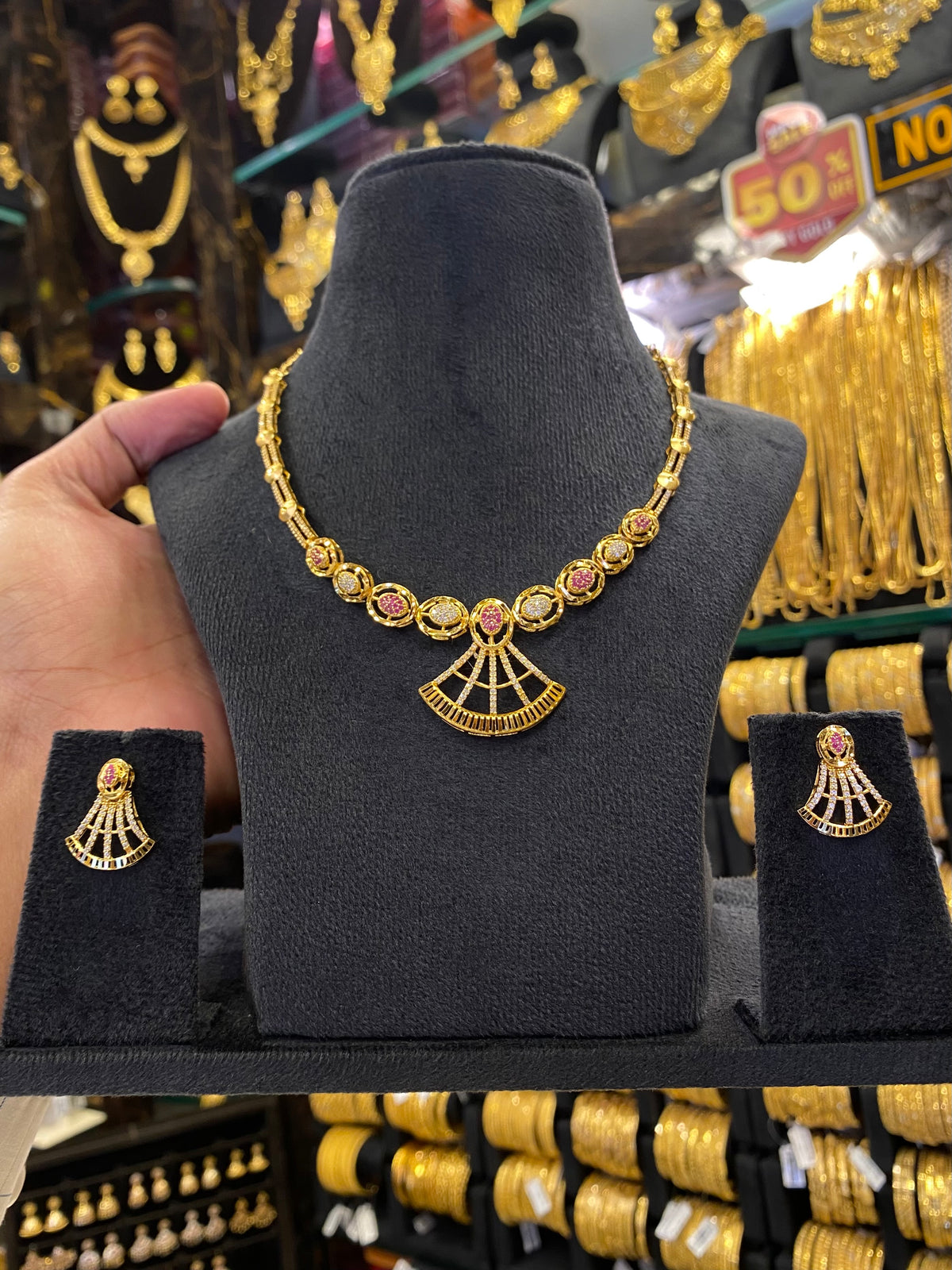 Statement Neck Set Cz Multi Stone - Gold Plated