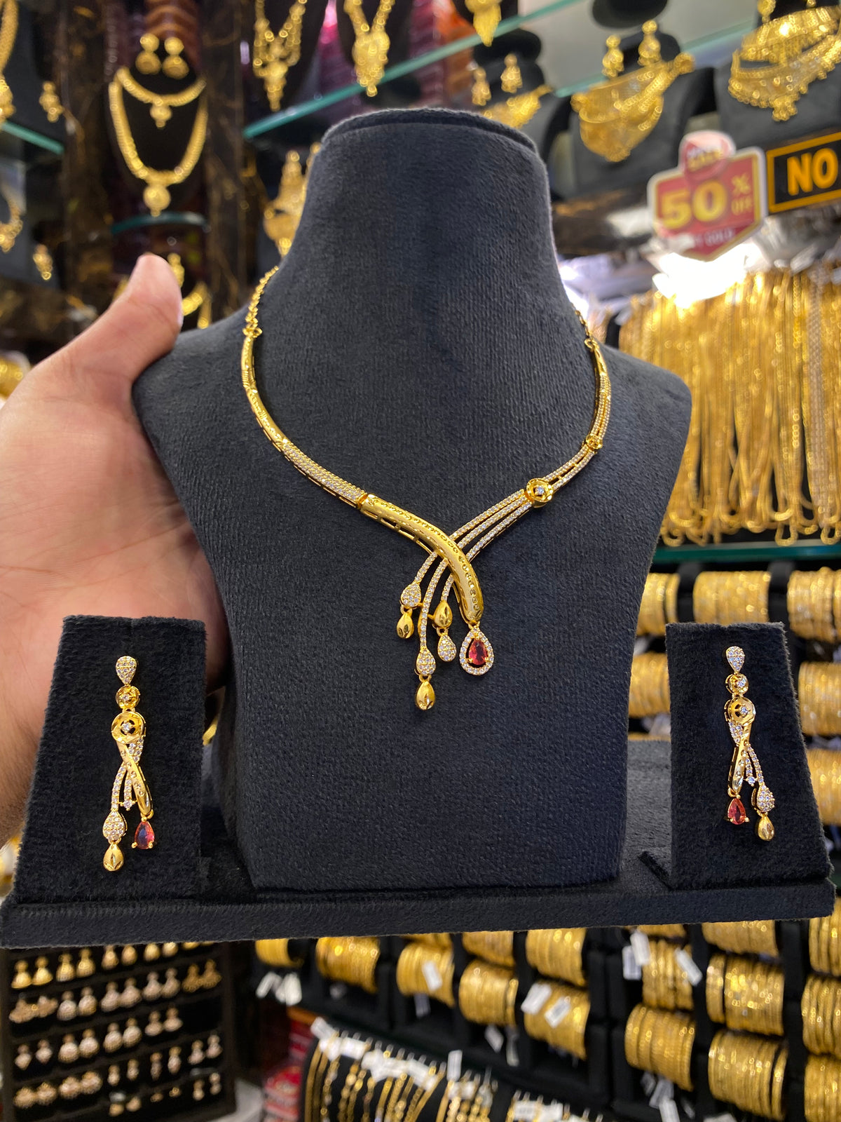 Statement Neck Set Cz Multi Stone - Gold Plated