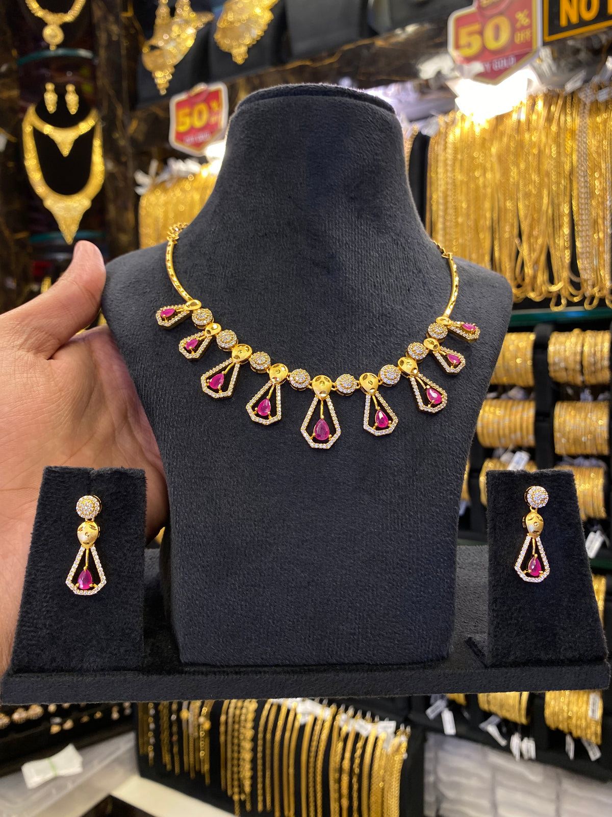 Statement Neck Set Cz Multi Stone - Gold Plated