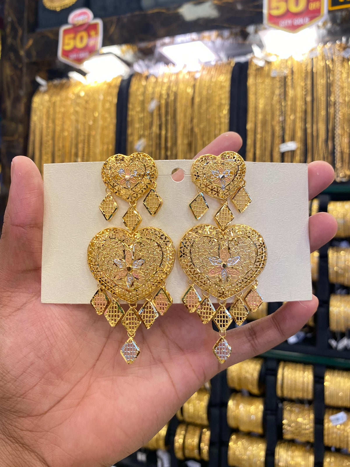 Turkish Style Earrings Heart Tri Mix - Gold Plated