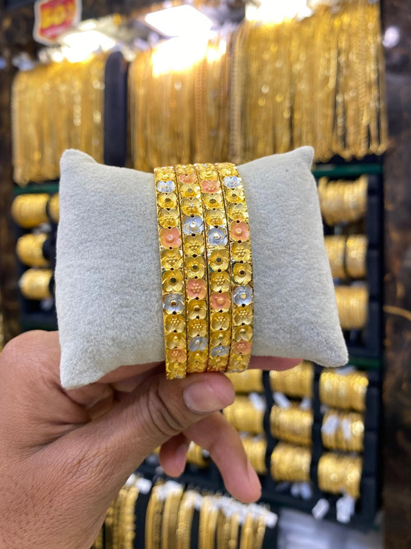Gold plated Bangles Floral type - 4pcs Tri colour - FAA FASHION