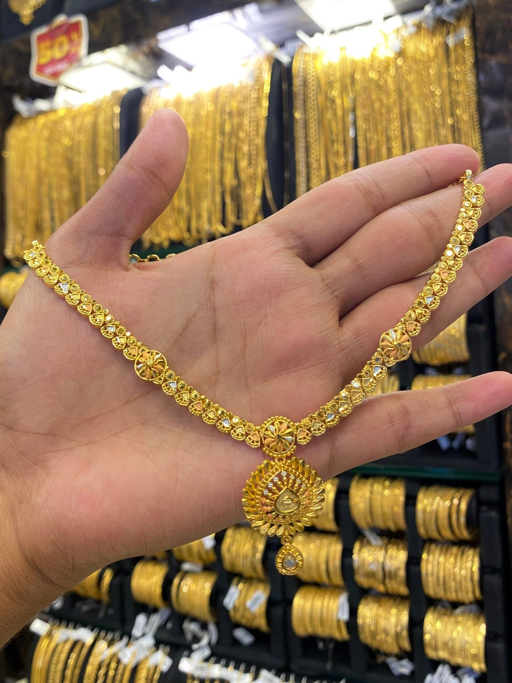 Gold Plated Sleek Neck Set Tri Mix - Gold Look - FAA FASHION
